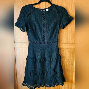 H&M Black Lace Cocktail Tier Ruffle Dress Sz 2 Small